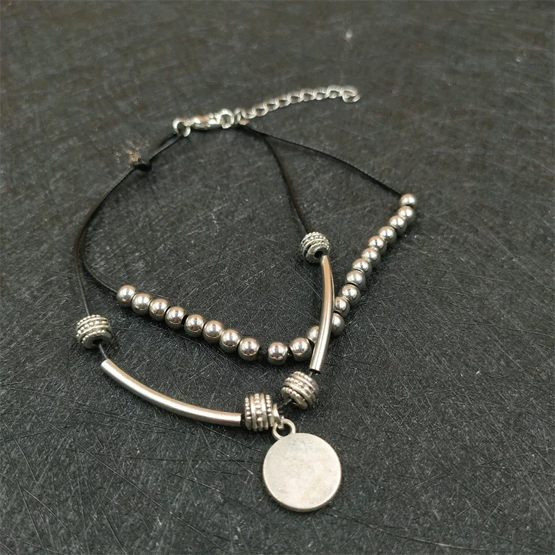 Bohemian Multi-layered Ankle Chain with Silver Bead Chains and Adjustable Curved Bar Suitable for Daily Wear on Vacation Beaches