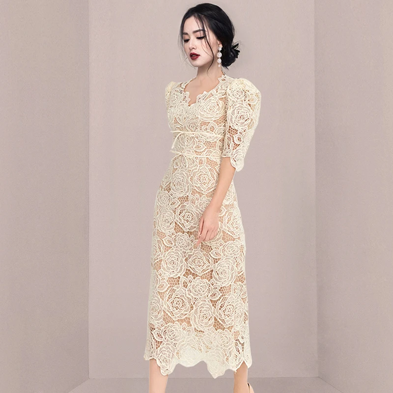 Vestido Retro de Manga Corta con Encaje y Cuello en V para Mujer, E, Ajustado a la Cintura, Estilo Vintage, Manga Abul...