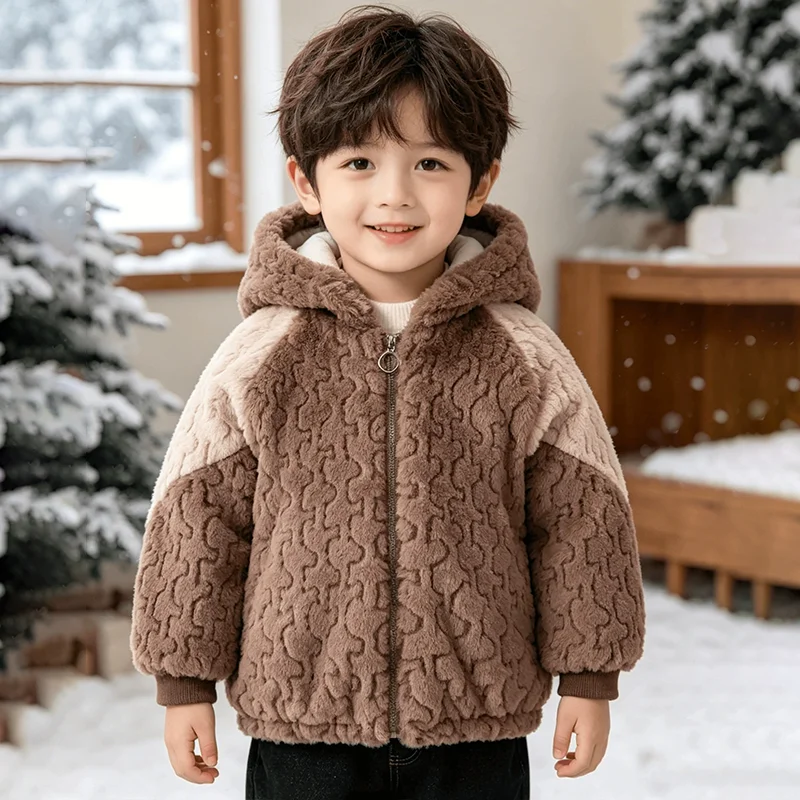 Boys Faux Fur Cartoon Ear Hooded Jacket Autumn Winter Fashion Color Blocking Plush Warm Thicken Outerwear for Kids 1-6 Years