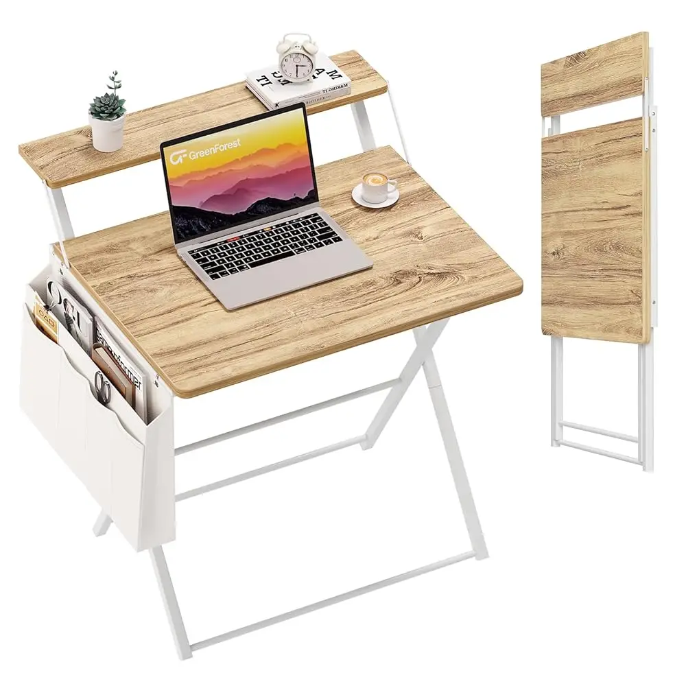 

Folding Desk For Small Spaces, 31.5 H Foldable Table With Storage Bag, 2-Tier Portable Computer Desk With Monitor Stand For