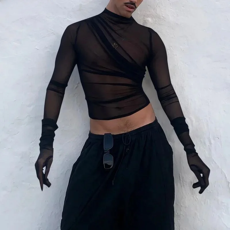 

Incern Sexy Men's Mone Long Sve Me Transparent Top Faionable Knitted Vest Wide Fit Spring Youth Trend