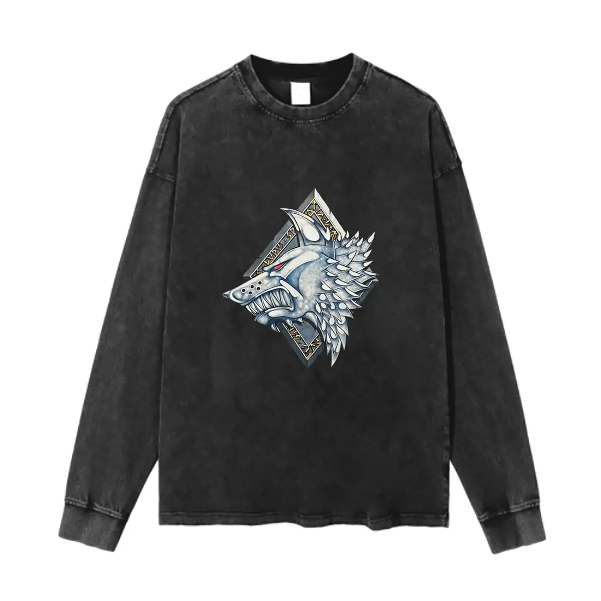 Wolf Medallion Art Graphic Washed Vintage Long Sleeves Cotton Tee Shirt Solid O Collared For Men's And Women's