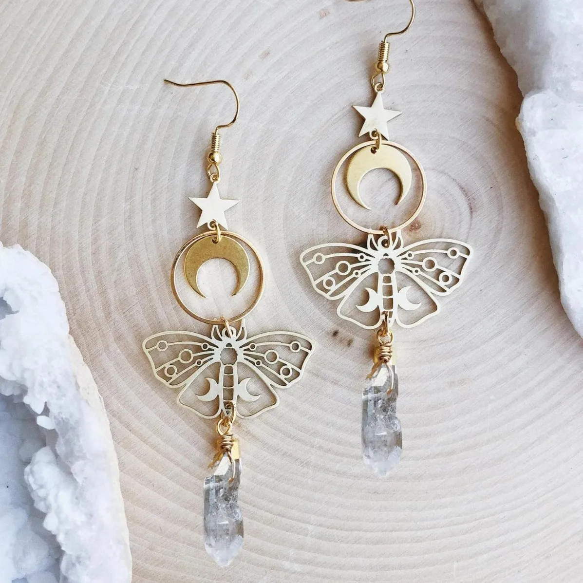 Star Moon Crystal Earring,Boho jewellery, brass, Natural stone, Moth, Sun, irregular, ethnic style, handmade, ear hook For Women