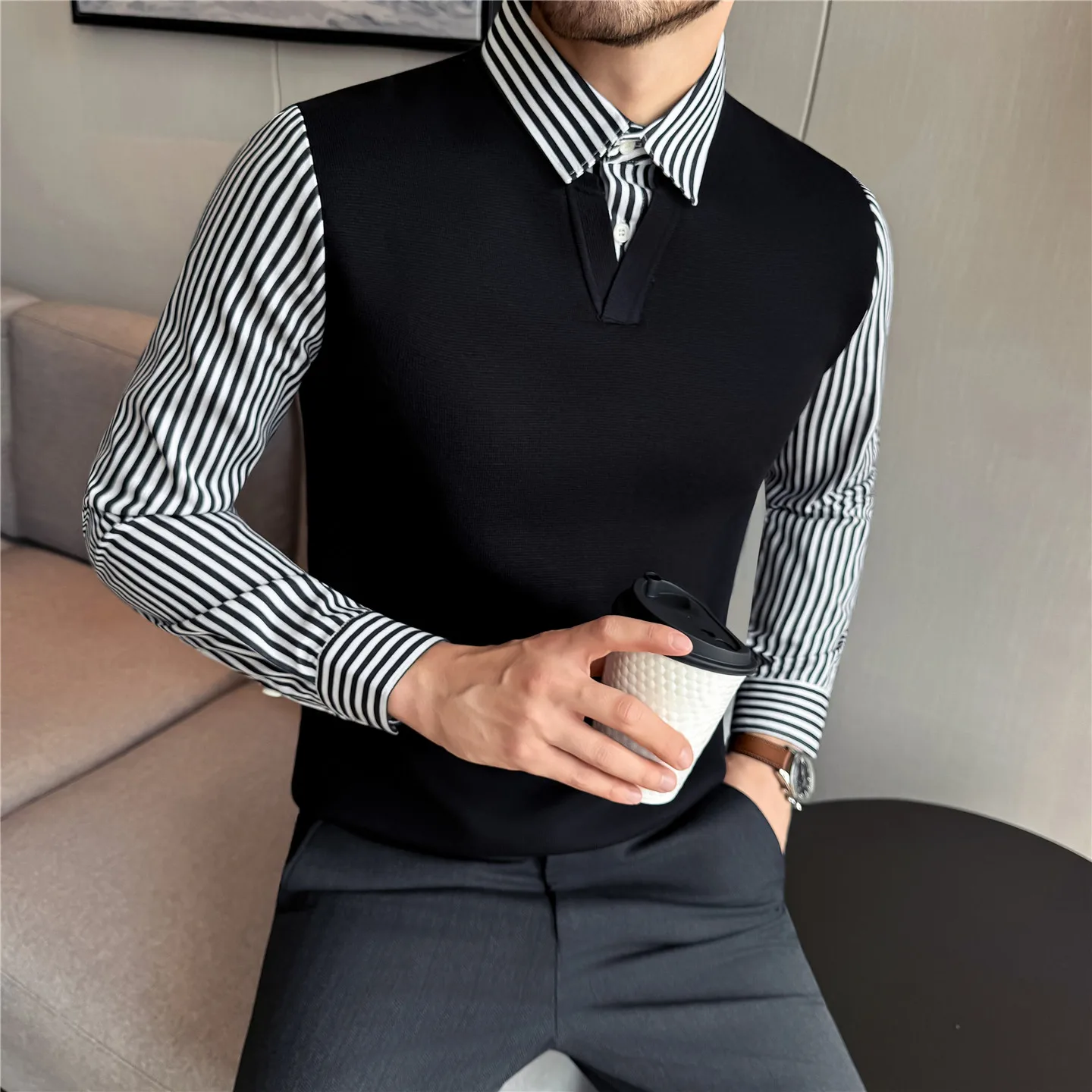 

Зимний полосатый свитер с воротником рубашки, мужская мода, универсальные свитера с v-образным вырезом, искусственный повседневный деловой вязаный свитер из двух предметов