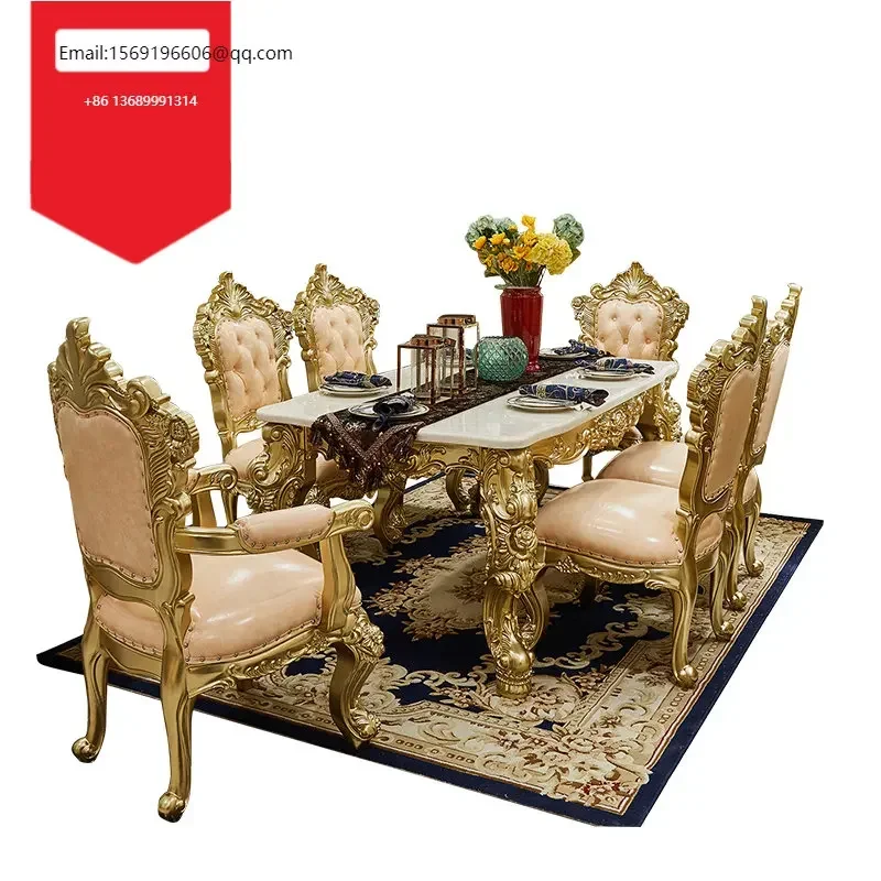 

European solid wood luxury dining table and chair combination marble oak rectangular French noble champagne gold