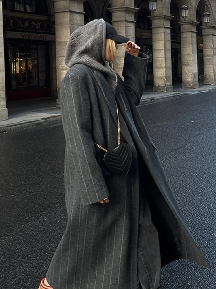 2024 Retro Gray Women's Striped Woolen Long Coats Fashion Cropped Lapel Pockets Overcoat Autumn Winter Lady Commute Suit Jackets