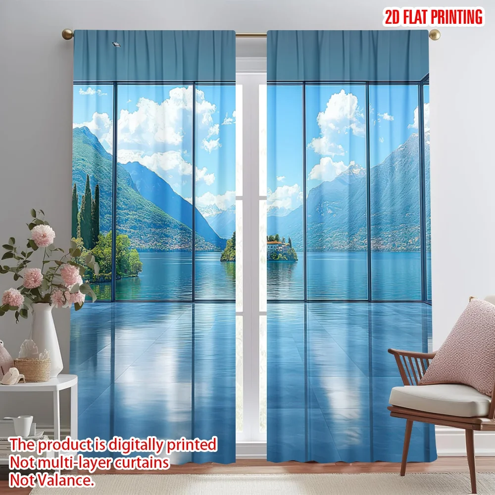 

2D flat printing 2pcs Curtains Scenic Lake View Digital Printed Polyester Drapes Festive Curtains Use for Holiday Family