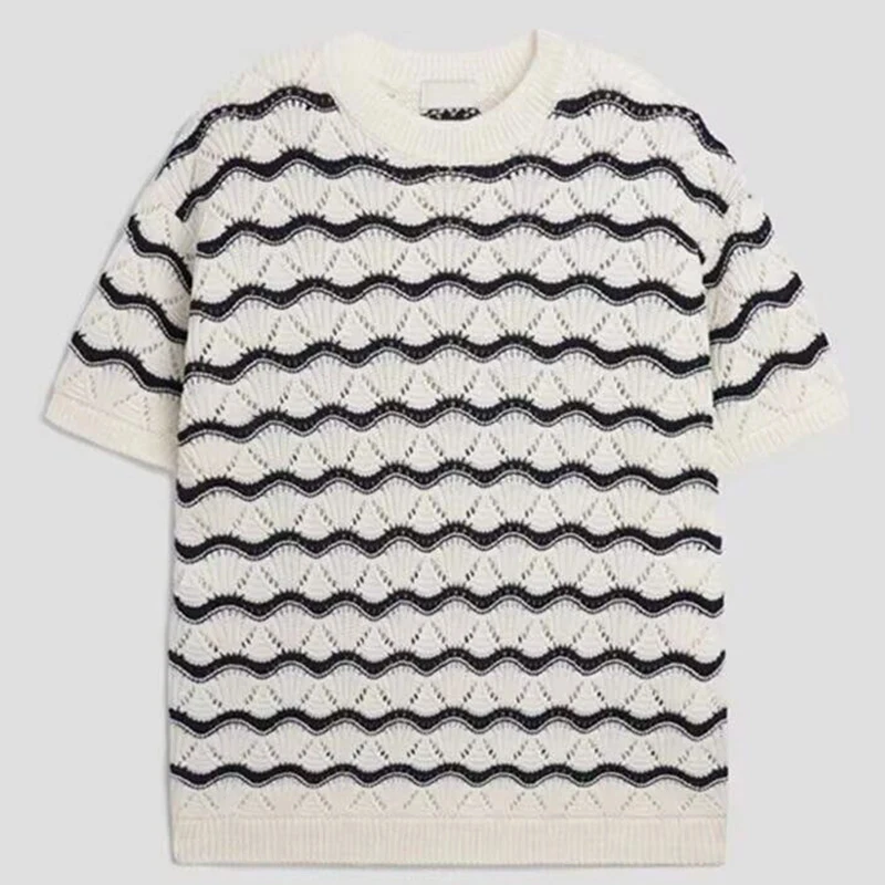 Herren Strick-T-Shirts Sommer Gestreiftes Ausgehöhltes Jacquard Kurzarm-Rundhals-Shirt Lässige T-Shirts Y2K Vintage Streetwear Oberteile – Detail 6