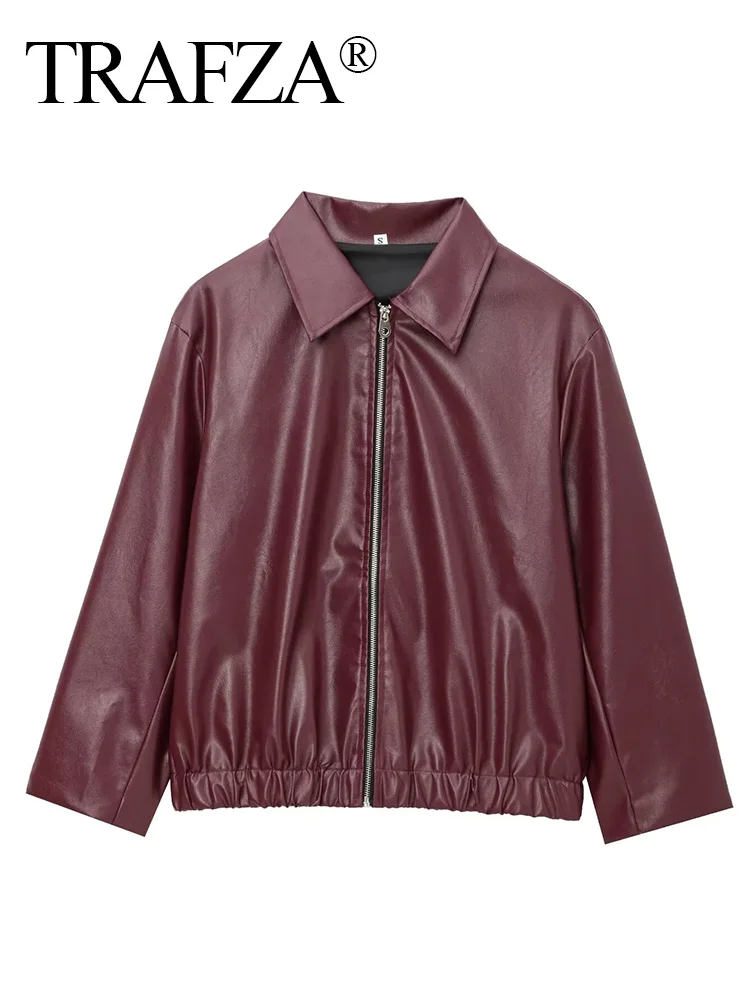 TRAFZA Women Autumn Wine Red Leather Jacket 2024 Fashion Long Sleeve Loose Faux Leather Coats Casual Lady Solid Pu Zipper Coats