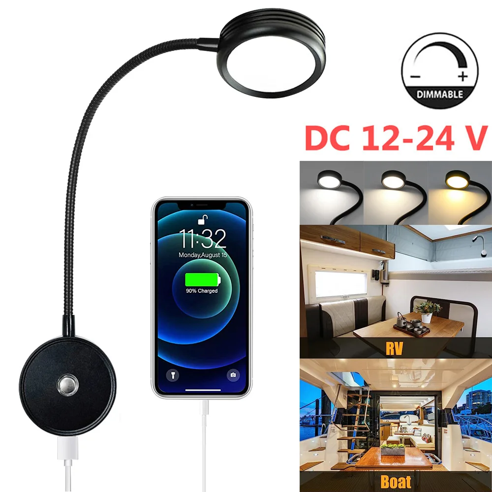 RV LED Reading Light DC12-24V Dimmable 3 Color Modes Flexible Gooseneck Wall Lamp USB Charger for RV Boat Camper Van Bedside