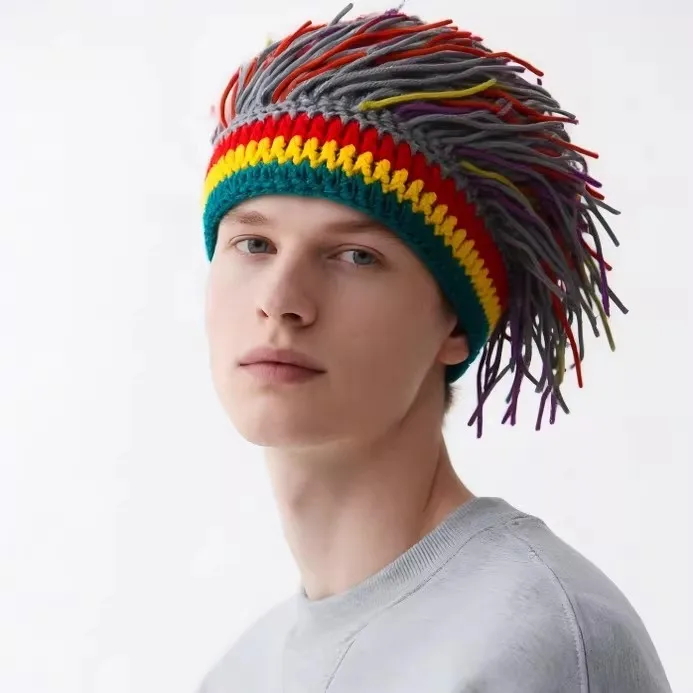 Colorful Novelty Knit Beanie with Braids for Men and Women Hip Hop Style Warm Knitted Cap for Daily Wear