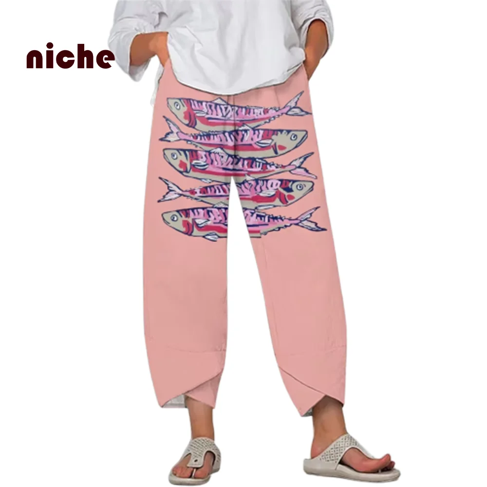 Pure Cotton High-Quality Beach Pants Casual Loose Fish Printing Designer 2024 New Fashion Trend Nine-Point Wide-Leg Pants