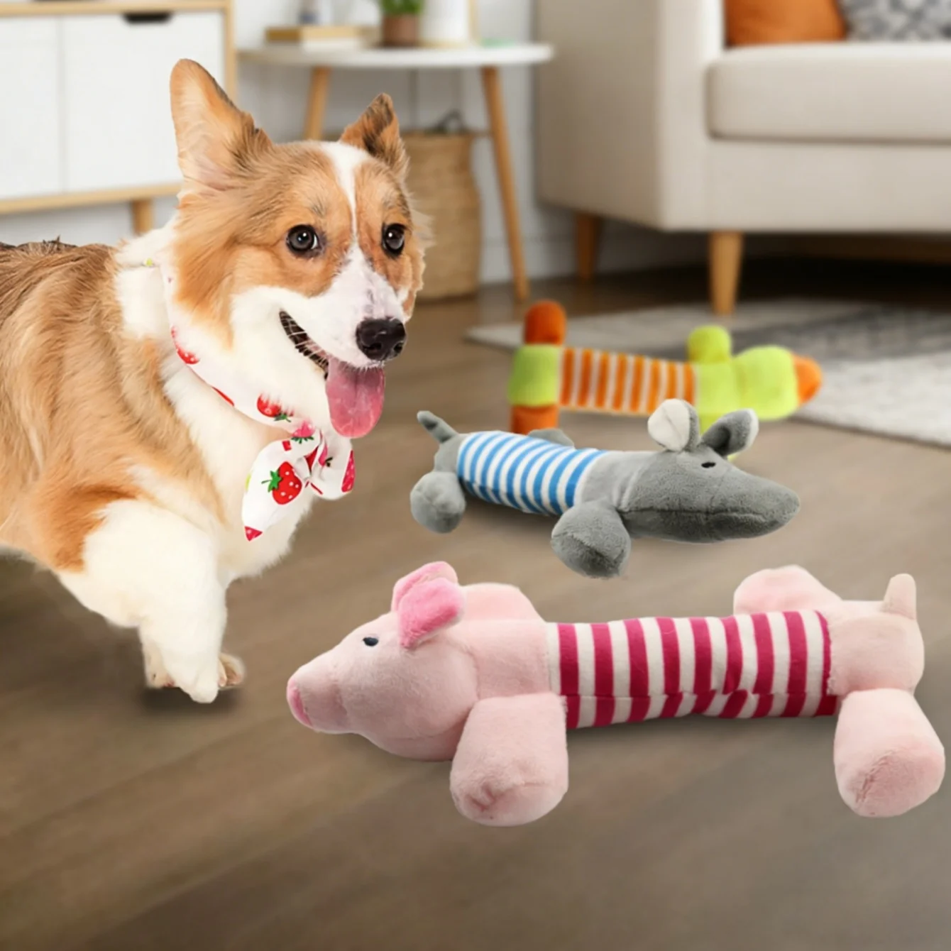 Striped long tube acoustic pet toy is a plush toy that combines functions of grinding teeth, relieving boredom, and interaction