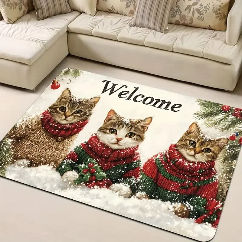 VIKAMA 3-katten kerst antislip deurmat - polyester PVC achterkant wasbaar tapijt, feestelijke woondecoratie in meerdere kamers