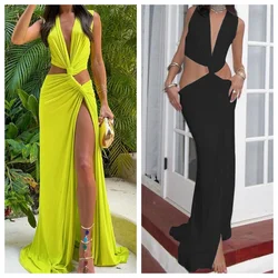 Summer New Women's Fashion and Sexy European and American Style V-neck Hollow Slim Fit Split Sleeveless Long Dress