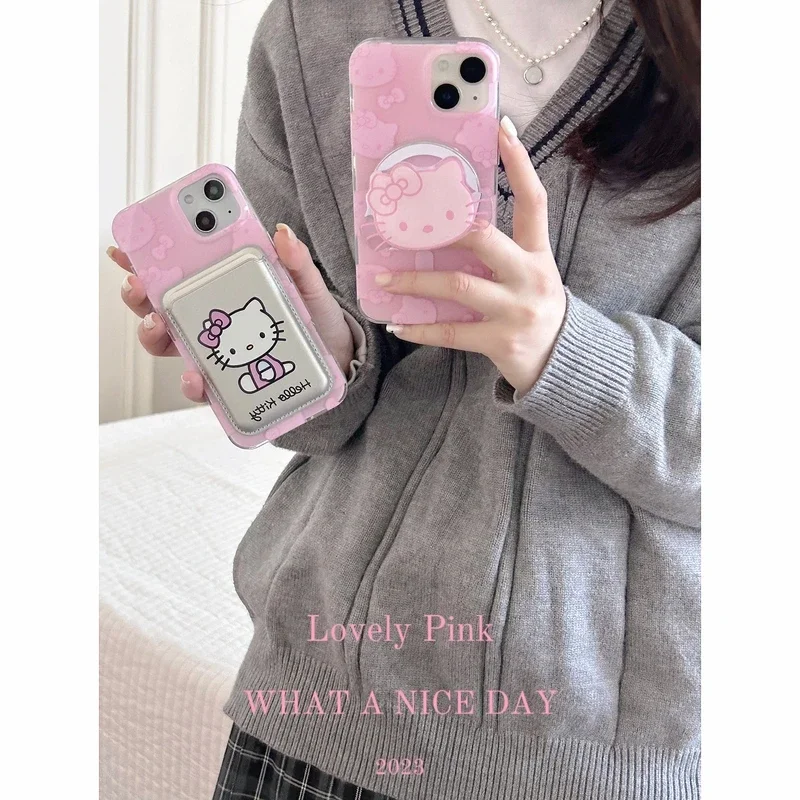Sanrio funda de teléfono con soporte magnético para iPhone, carcasa dura de carga inalámbrica, Hello Kitty, Magsafe, 15, 14, 13, 12, 11 Pro Max