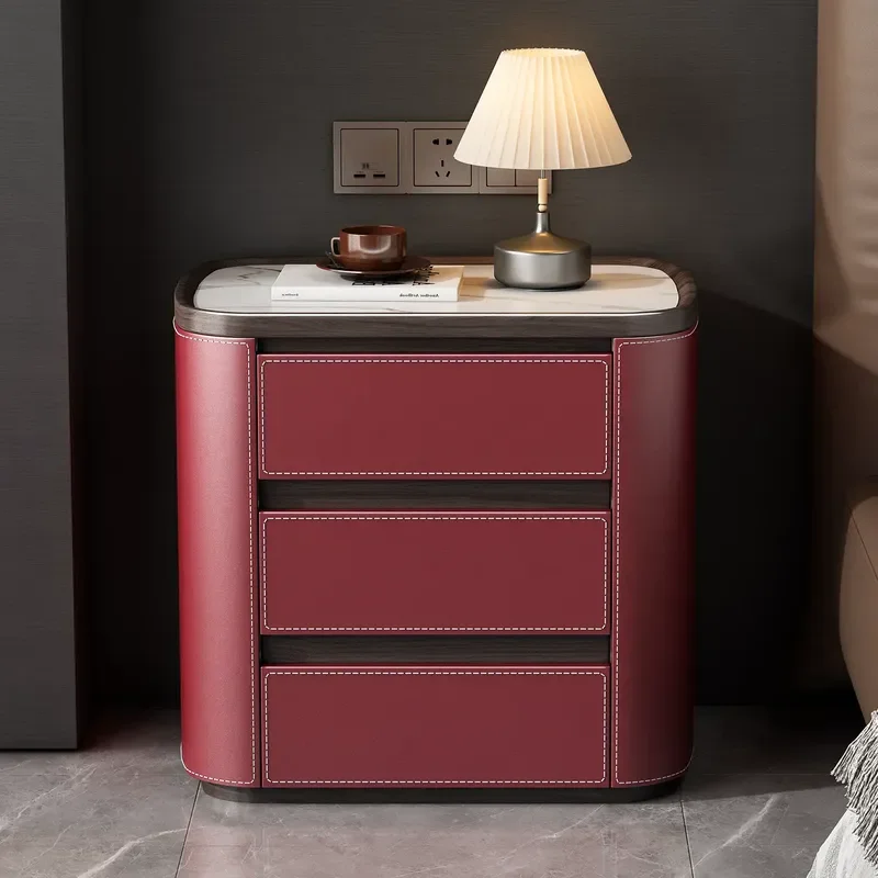 Italian Minimalist Solid Wood Bedside Table with Saddle Leather 3 Tier Storage Cabinet Designer Nightstand for Bedroom Home