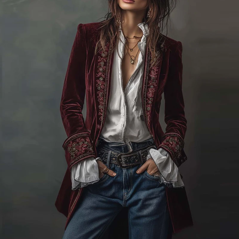 New Women Winter Coats and Jackets Vintage Floral Print Lapel Neck Velvet Outerwears Long Sleeve Autumn Cardigan Female Clothing