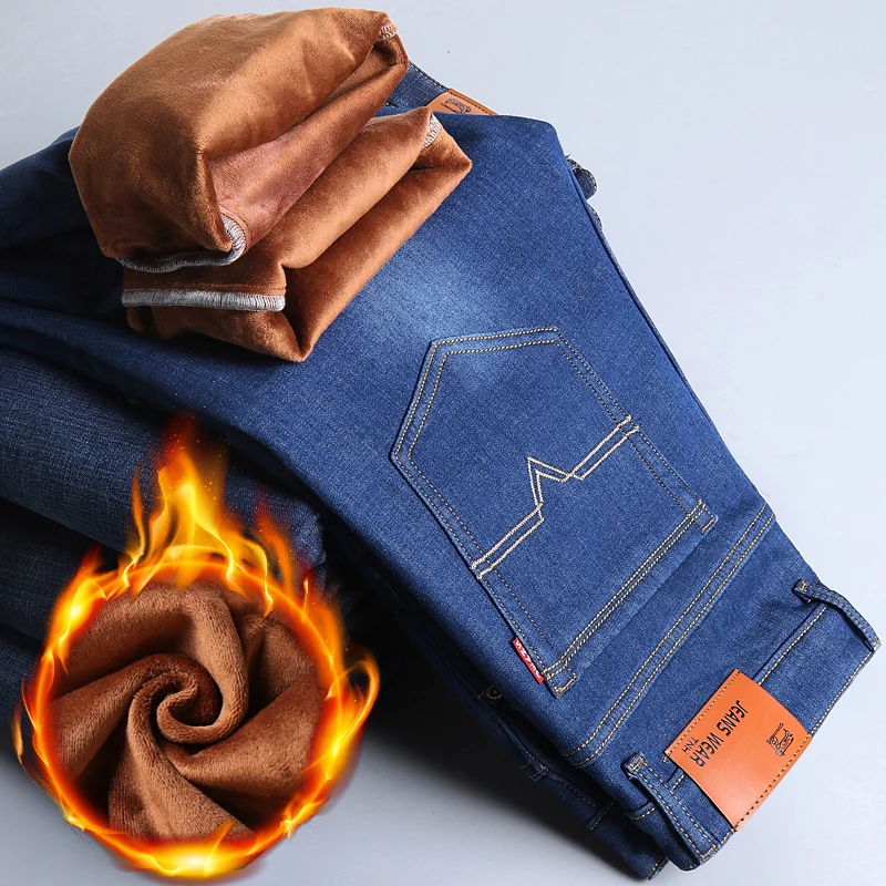 Men's 2024 Autumn and Winter New Combination Button Pocket Zipper Fashion Solid Color Plush Thickened Casual Versatile Jeans