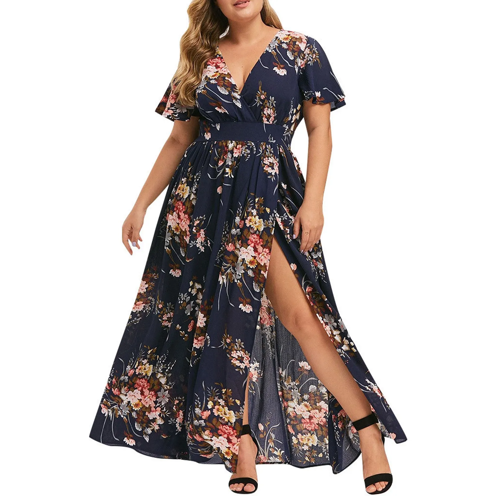 2023 Women'S Large Size Summer Dress Plus Size Casual Boho Print Short Sleeve Ruffle Floral Irregular Dress Sundress