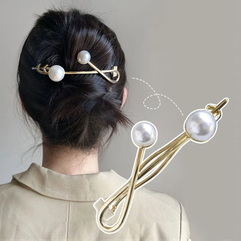 

Metal Double Pearl Hair Clips Ponytail Twist Barrettes