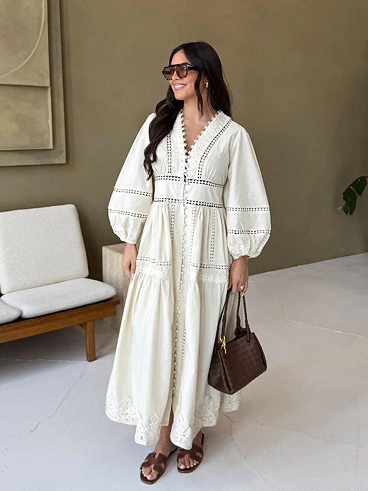 Elegante witte jurken met holle borduursels, lange jurken voor dames, V-hals, pofmouwen, losse maxi-jurk, lente 2026, casual, effen, feestjurken - afbeelding 2