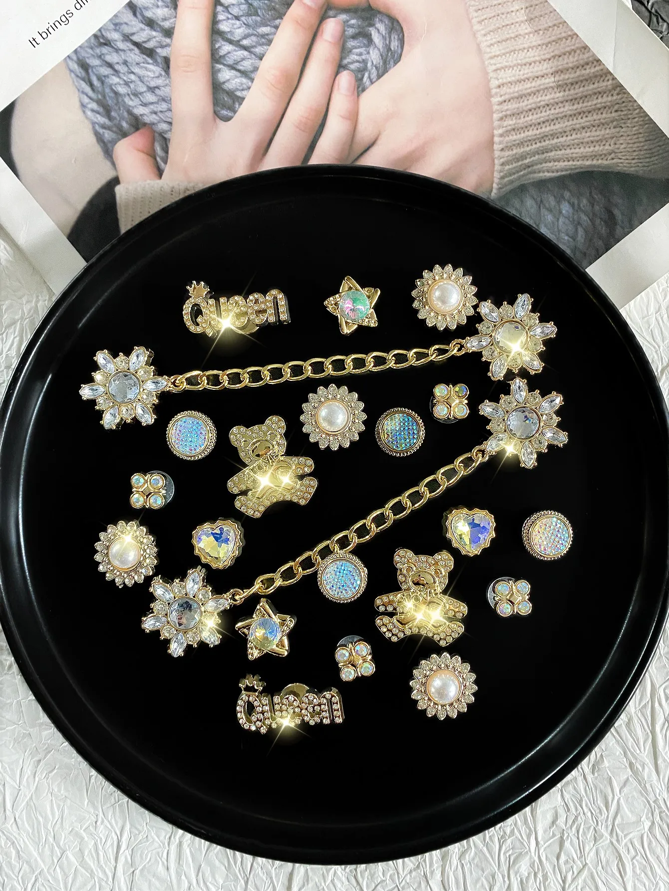 22 pieces of fashionable and versatile rhinestone bear and star-shaped women's sandals shoe decorations DIY - Detachable casual