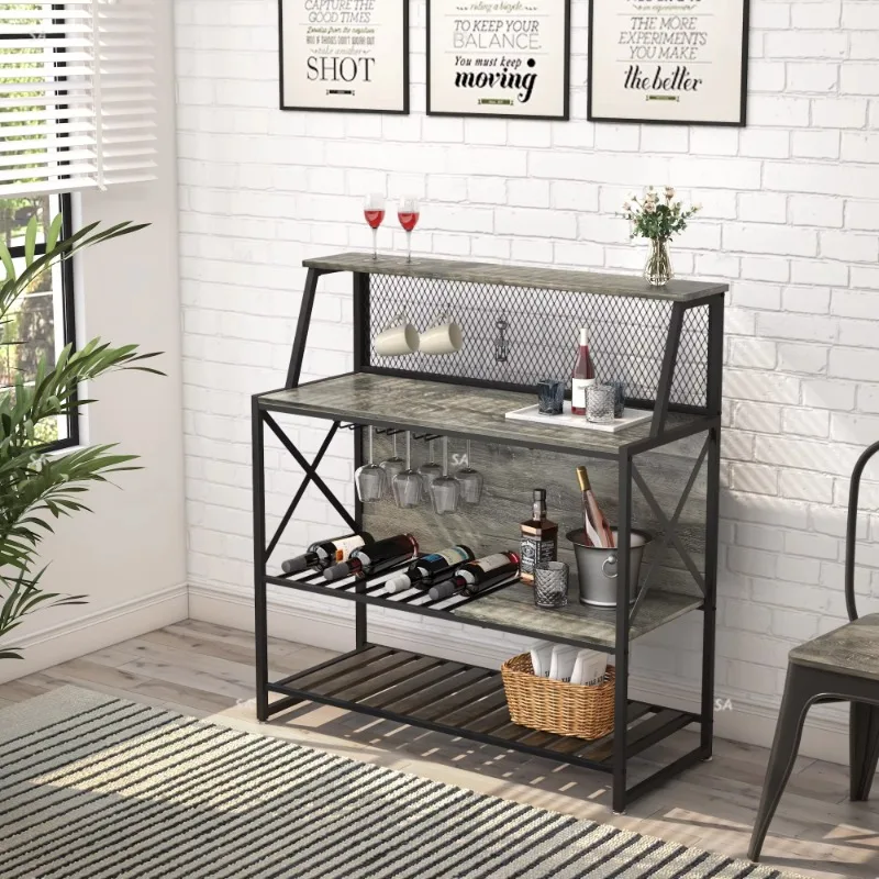 Multi-functional Home Wine Bar Cabinet Holder Wine Storage Cabinet with Glass Home Furniture Iron Antique Wood Wine Rack Panel