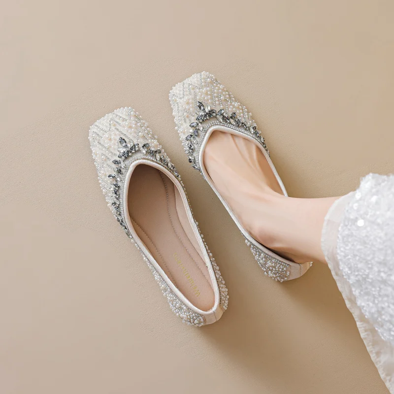 

Square-toed women's shallow rhinestone wedding shoes, flat soft-soled shoes