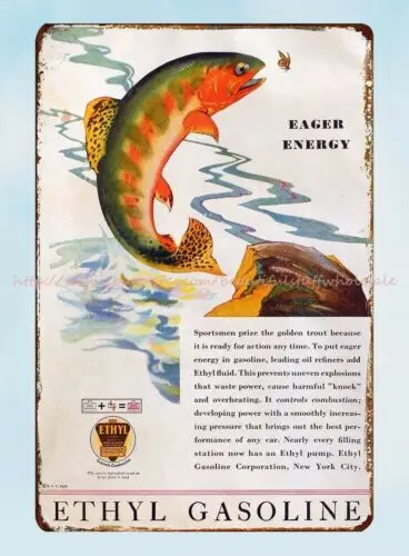 bar decor 1931 Eager Energy Ethyl Gasoline fish metal tin sign