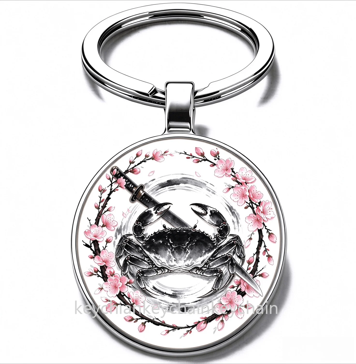 Japanese Crab Cherry Blossom Katana Keychain Samurai Sword Sakura Wreath Key Ring Car Bag Pendant Men Gift