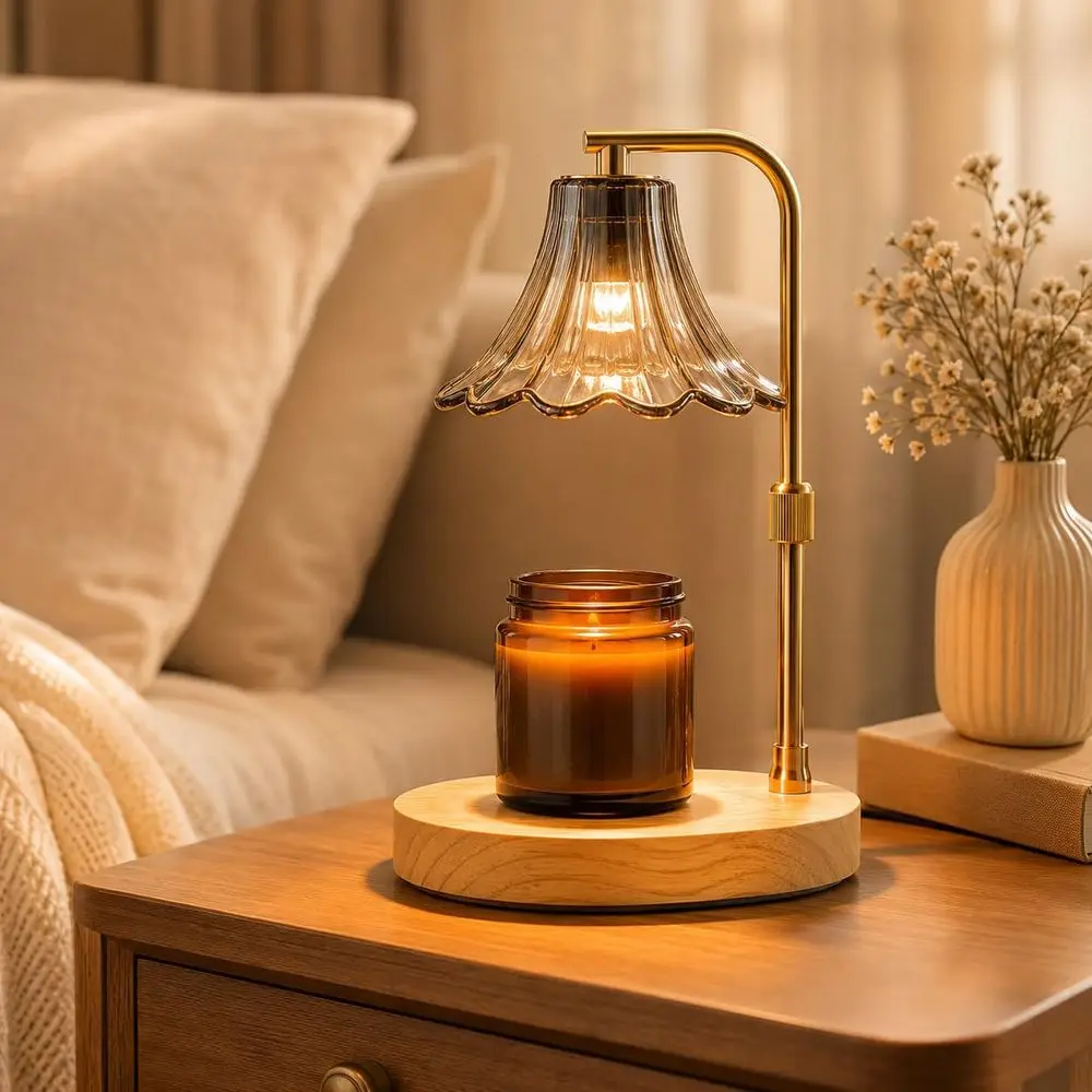 Candle Warmer Lamp with Timer, Dimmer, Vintage Glass Shade | Adjustable Height, 2/4/8-Hour Timer, Wood Base, 2 Bulbs
