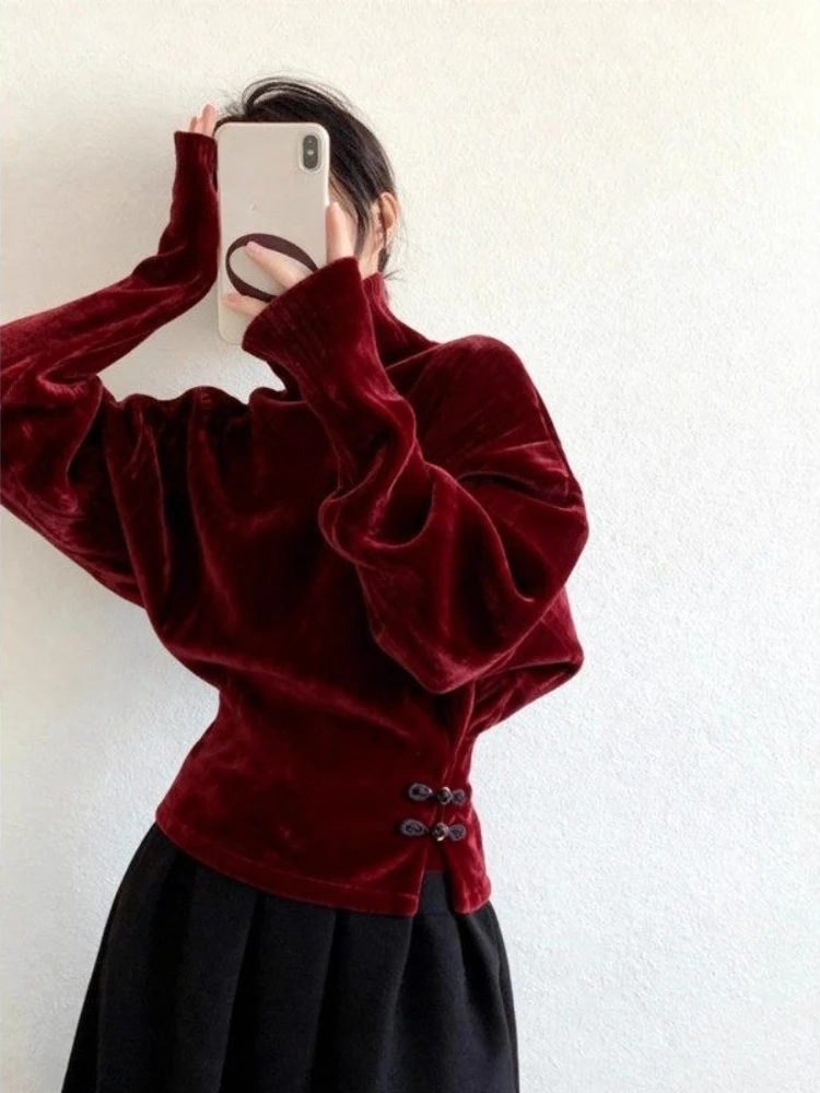 Chinese Style Shirts Turtleneck Long Sleeve Solid Color Forked Slim Waist Design Blouses Fashion Elegant Tops Women's Clothing