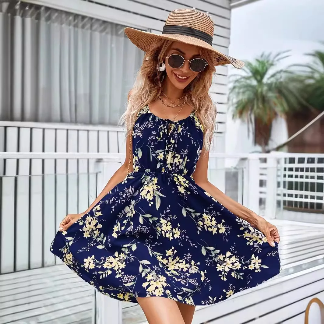 Flower Sleeveless Halter Neck Dress For Women Summer Print Elastic Waist Strap Beach Dresses Women's Elegant Ladies Vestidos