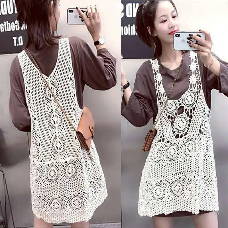 2024 New Stylish One Piece Women Hollowed Out Knit Loose Fit Mori Girl Style Camis Dress donna gonna Casual a vita larga L200