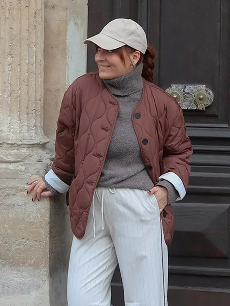 カジュアル無地チェック柄コットンショート厚手コート レディース 長袖 ラウンドネック シングルブレストジャケット 2025冬 デイリーストリートウェア