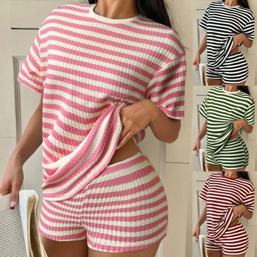 

Casual Shorts Women's Matching Sets Striped Short Pants High Waist Pink White Summer Shorts Crop Top Set Shorts