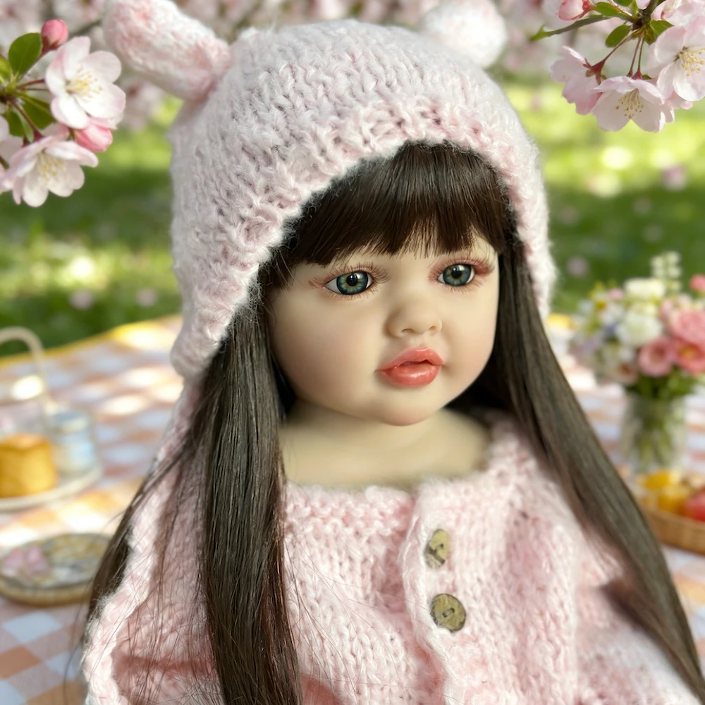 BZDOLL 55 CM Vollvinyl-Körper Lebensechte Reborn-Baby-Puppe mit langen Haaren, Prinzessin, Kleinkind, für Mädchen, 22 Zoll Puppe, Spielzeug, Puppenhaus, Schlafspielzeug mit Ständer