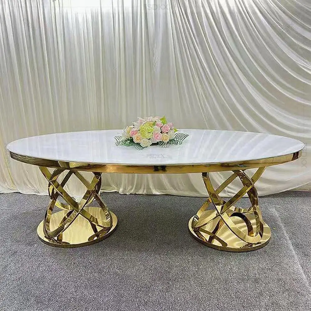 

FSDKX Modern Stainless Steel Metal Base Rectangle Table Latest Wedding Event Dining Furniture Glass Top for Hotels