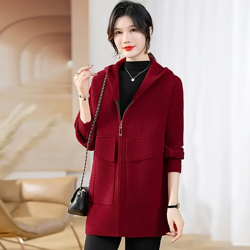 Middle-Aged Women High-End Cashmere Coat Female Elegant Hooded Fashion Mid-Length Wool Outwear Casual Large Size 6xl Outcoat