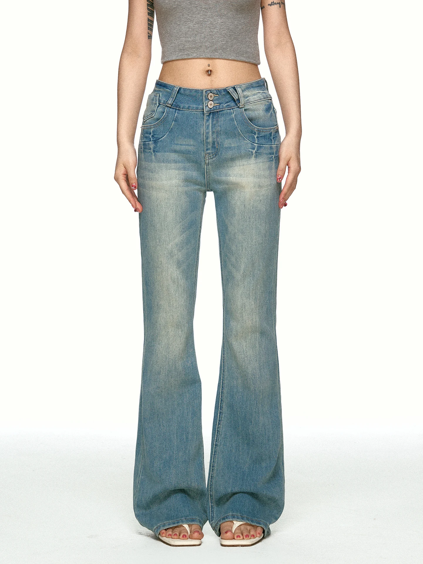 Low Waist Bell Bottom Denim Jeans Women's Aaisup American Hot Girl Double Buckle Stretchy Slim Wide Leg Floor Length Pants