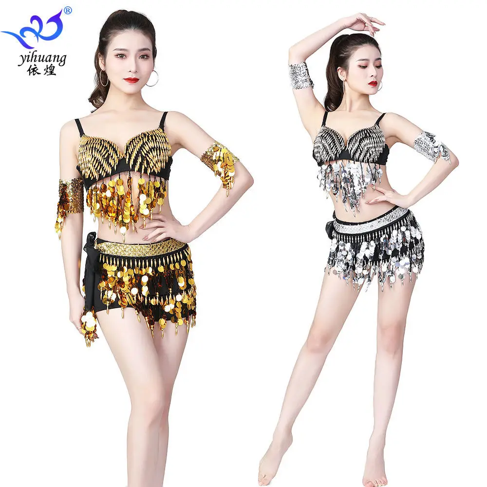 Girls Dance Dress New Sexy Belly Dance Bar Performance Costume Deep V-Waist Shining Bra Waist Scarf Set Of Four Practice Dress