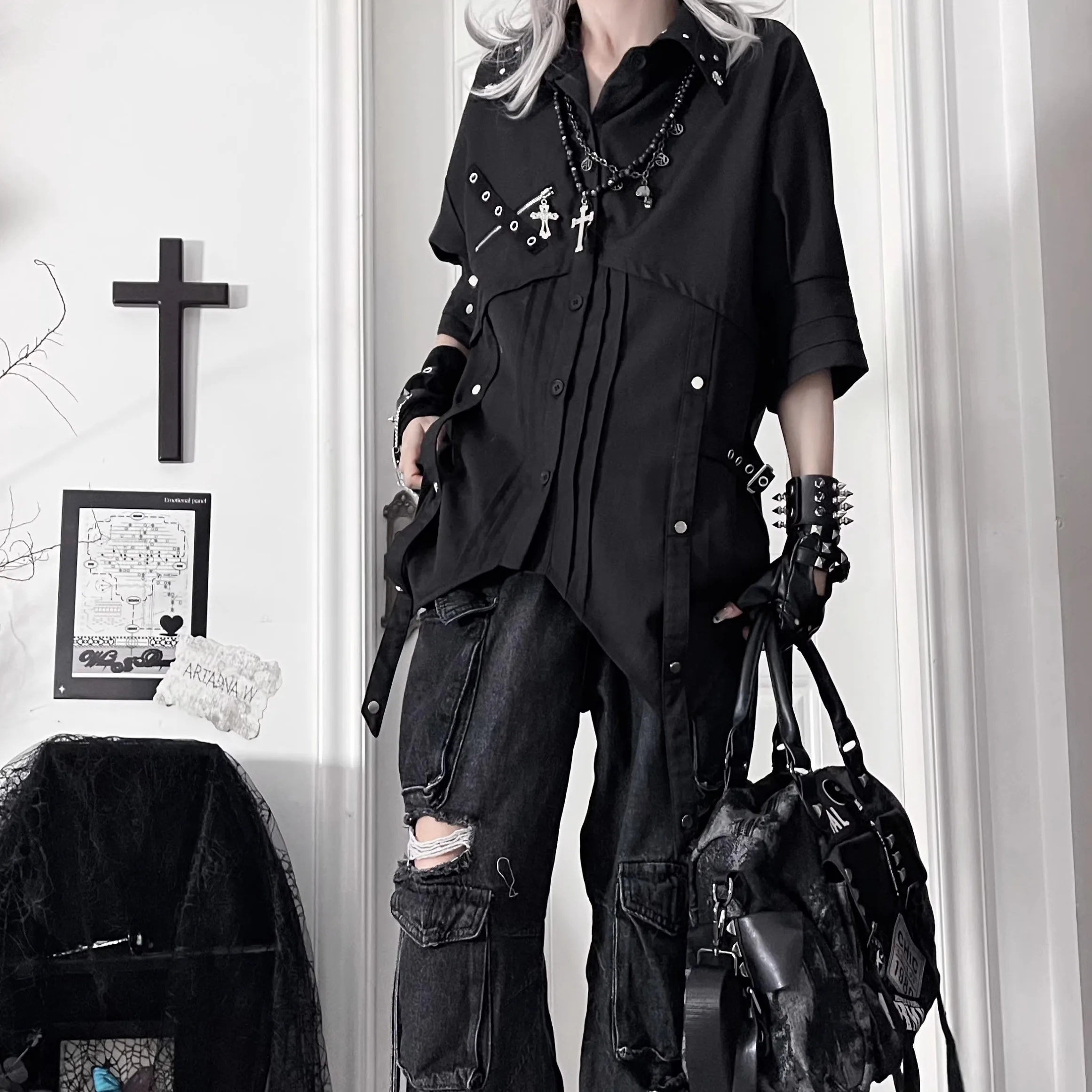 الأصلي ثقافة فرعية القوطية الشرير نمط فضفاض نصف كم قميص الخريف جديد 2025 الفتيات المرأة الحلو كول Y2K قميص علوي دي موهير