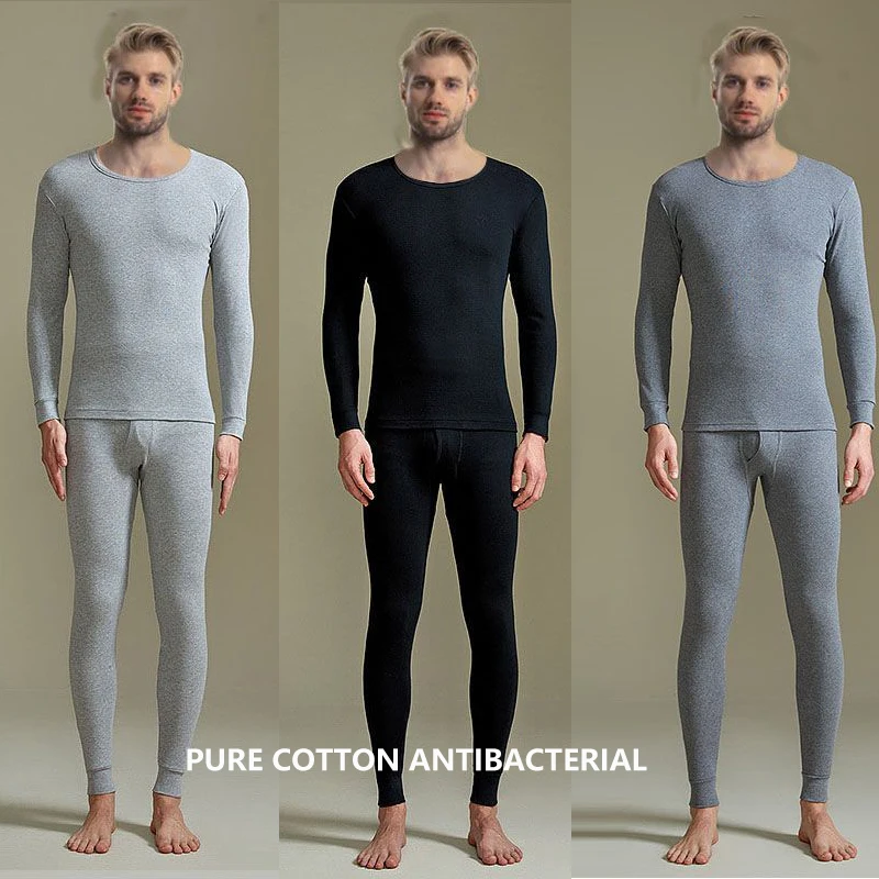 Men\'s pure cotton autumn clothes and autumn pants set thin and warm winter base shirt underwear and underpants for men gift