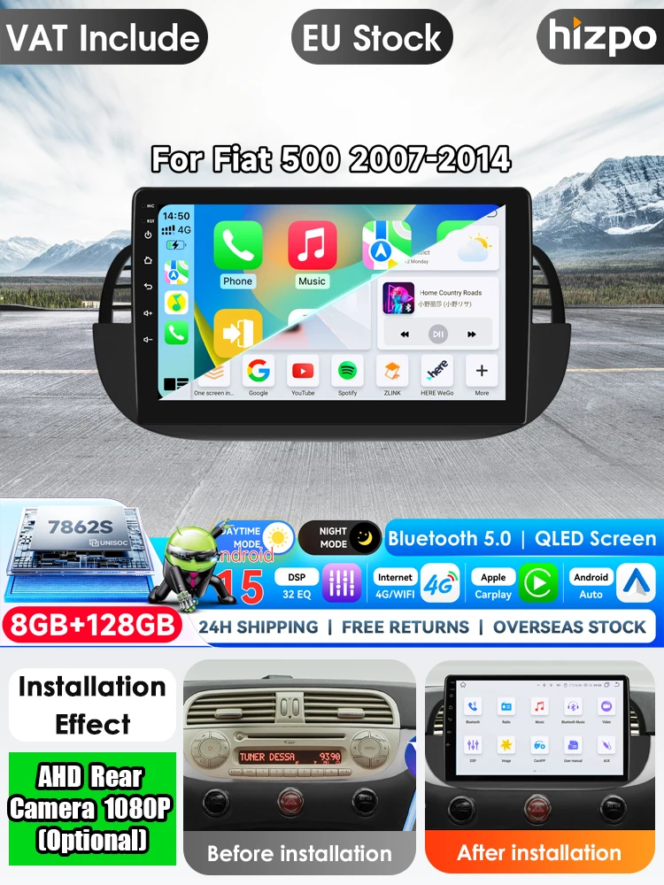 Hizpo 9 Zoll Wireless CarPlay Android Auto Autoradio für Fiat 500 Abarth 2007-2015 Multimedia Wireless Apple CarPlay Smart Intelligent Systems IPS Touchscreen Stereo Videoplayer 2 Din Autoradio Head