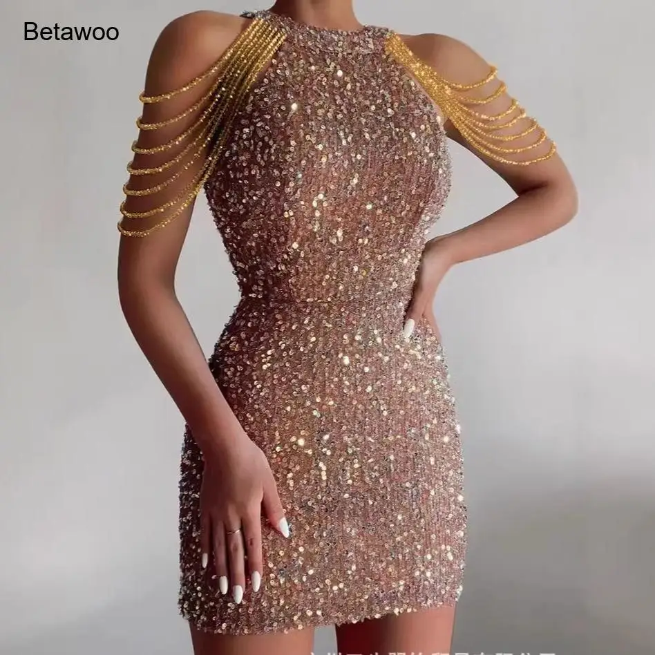 Damen Champagner Pailletten Bodycon Abendkleid mit Goldkette Schulterfreies Design Formelles Partykleid