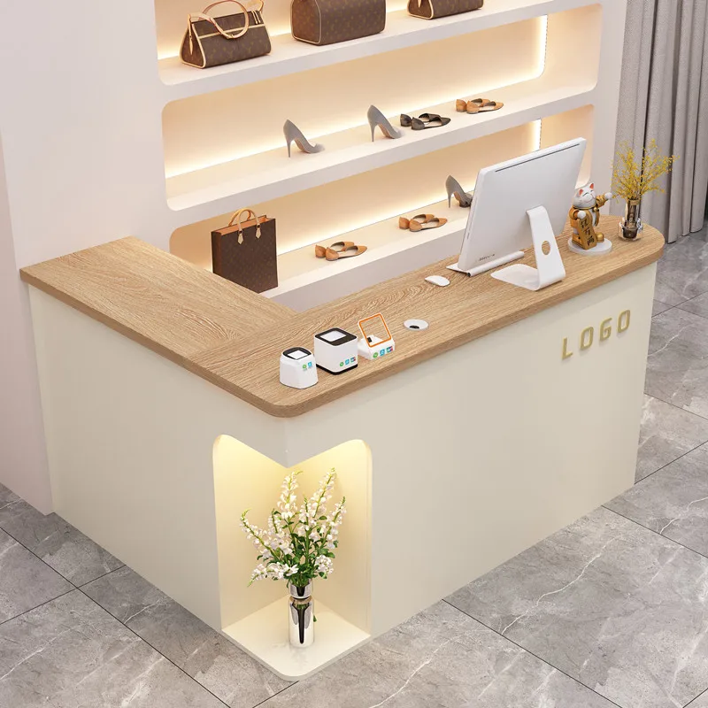 Cream wind corner checkout page L-shaped bar beauty salon front desk reception desk simple modern bar table ins lights