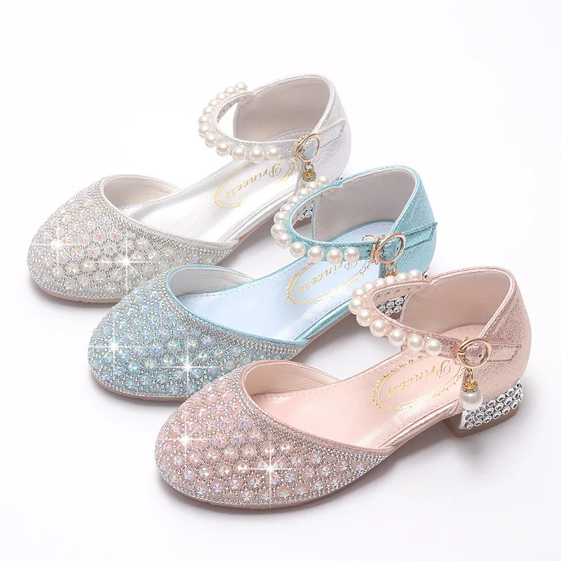 Girls Dress Shoes Children Crystal Pearl High Heels Mary Janes Wedding Party Glitter Princess Dress Shoes Fashion Kids Sandals