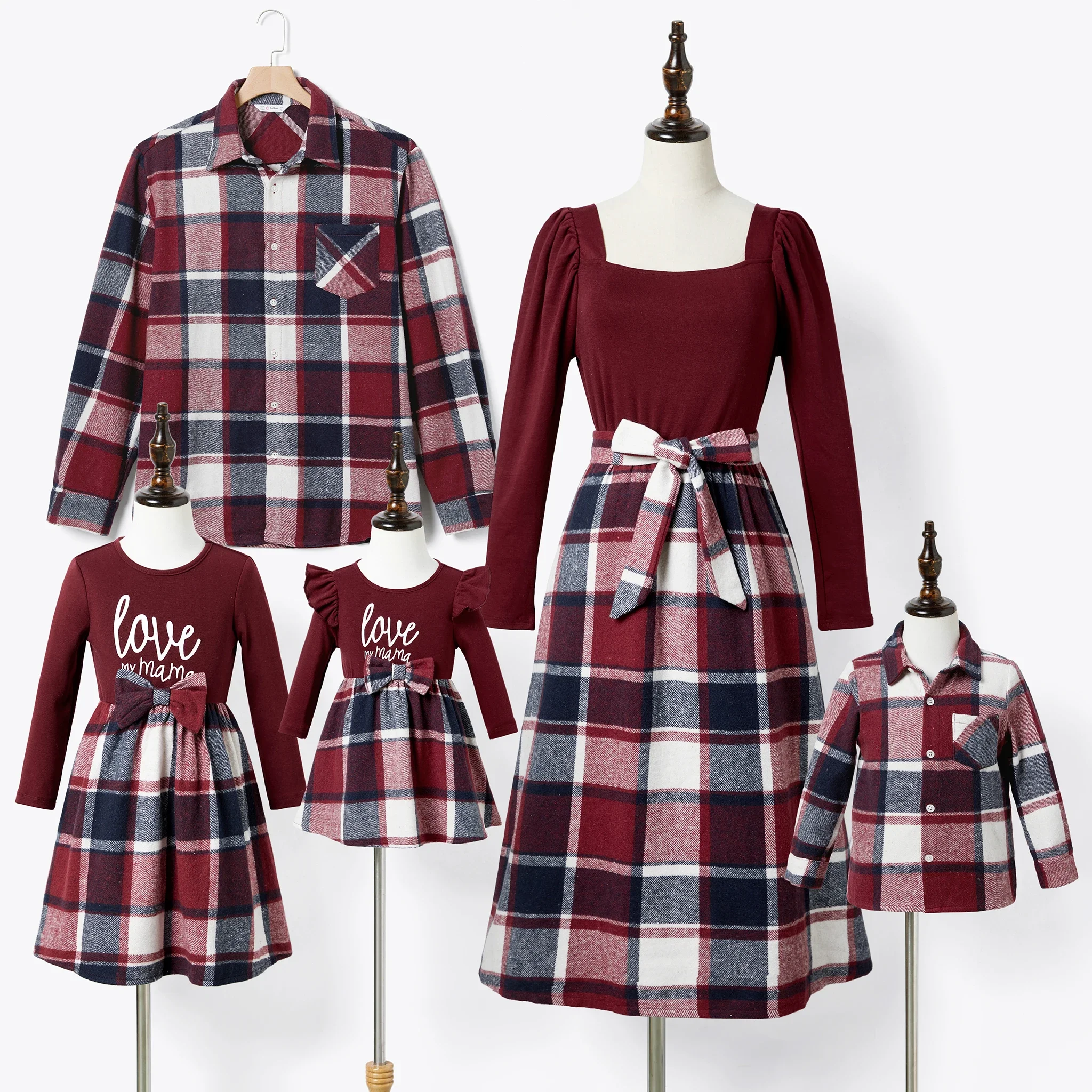 PatPat Family Matching Casual Long Sleeve Plaid Design Shirts and Knit Splicing Belted Dresses Sets Suitable for Summer Season