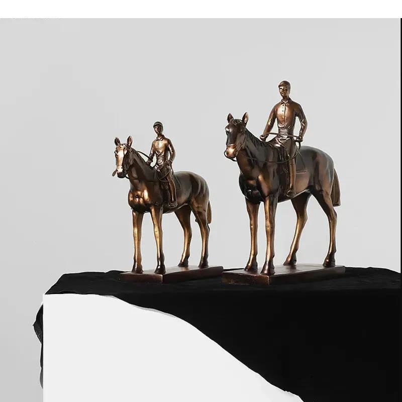 Imitation Copper Retro Equestrian Athlete Character Resin Sculpture Ornaments Desk Decoration Horsemen Statue Room Aesthetics